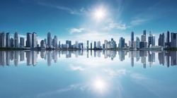 Blue Tone Panorama Of Waterfront City Skyline With Reflection. Image Composite.