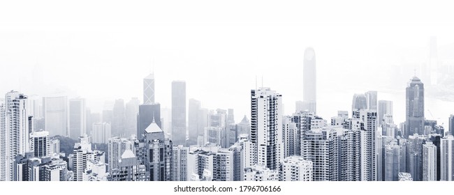 Blue toned modern cityscape background, panoramic city photo with urban skyline at foggy day - Shutterstock ID 1796706166