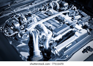 Blue Toned Performance Sports Car Engine Bay