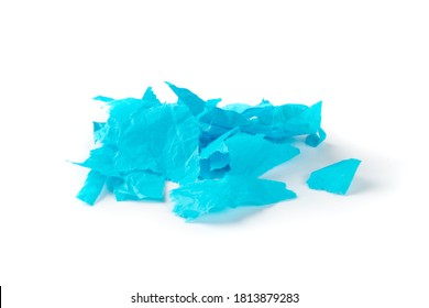 Blue Torn Tissue Paper Strips Isolated On White Background. Small Pieces Ripped Rolling Cigarette Paper, Wrapping Paper Top View. Crimson Napkin Pieces