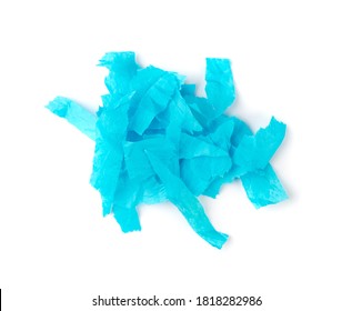 Blue Torn Tissue Paper Strips Isolated On White Background. Small Pieces Ripped Rolling Cigarette Paper, Wrapping Paper Top View. Crimson Napkin Pieces