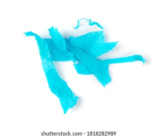 Blue Torn Tissue Paper Strips Isolated On White Background. Small Pieces Ripped Rolling Cigarette Paper, Wrapping Paper Top View. Crimson Napkin Pieces