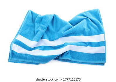 Blue Towel Isolated On White, Top View. Beach Object