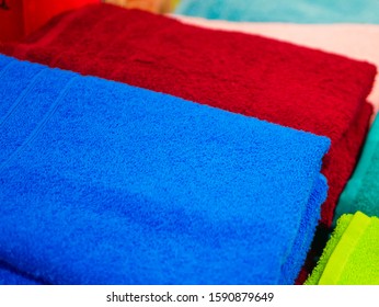 Blue Towel. On A Colored Background. Side View.