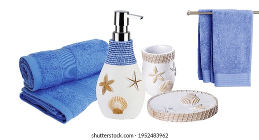blue towel with shampoo bottle shop, starfish design in bottle, - Shutterstock ID 1952483962