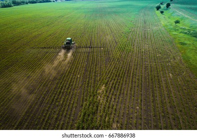 A blue tractor moves through the spring field and sprays fertilizers on plants planted on it. Spring processing of agricultural crops. View from above. Aerial view - Shutterstock ID 667886938