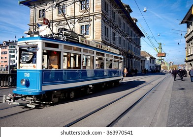 Blue Tram In Zurich, Switzerland