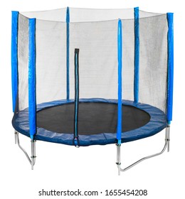 blue Trampoline with safety net isolated on white