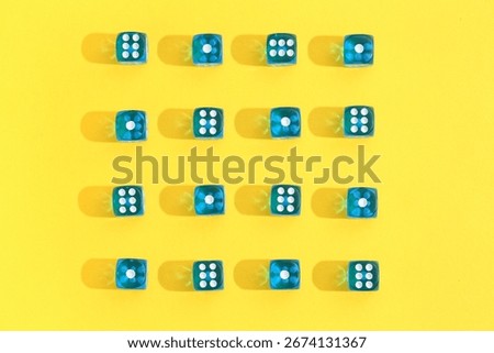 Blue translucent dice pattern on yellow background with hard shadows, gambling and chance concept, game theory and risk assessment
