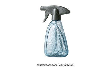 Blue translucent plastic spray bottle with dark grey trigger nozzle and water drops