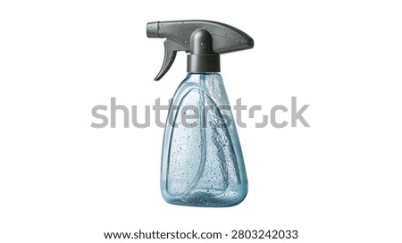 Blue translucent plastic spray bottle with dark grey trigger nozzle and water drops
