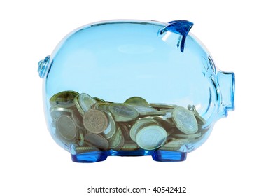 Blue transparent piggy bank with euro coins.