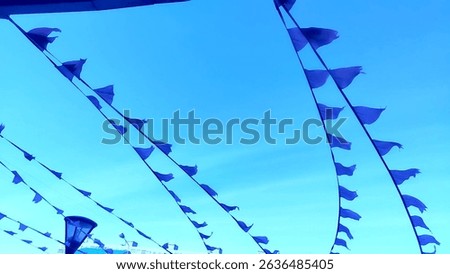 blue triangular flags fluttering in the strong wind against the sky, tinted blue style.