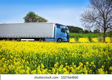 A Blue Truck On A Road Running Between Yellow Corn