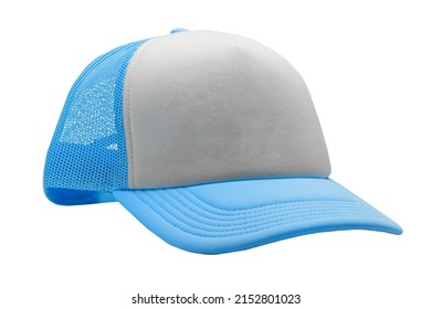 Blue Trucker Cap Isolated On White Background. Basic Baseball Cap. Mock-up For Branding.