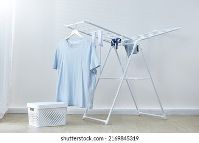 Blue t-shirt drying on the clothesline