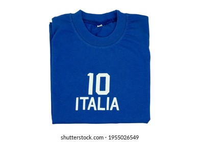 Blue T-shirt For Kids. Folded Soccer Or Polo Shirt With The Inscription Italia And The Number Ten Isolated On White Background. Summer Fashion Kids.