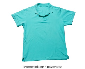 Blue T-shirt Mock Up Isolated On White Backgrund, Empty T Shirt Close Up, Polo Tshirt Over White