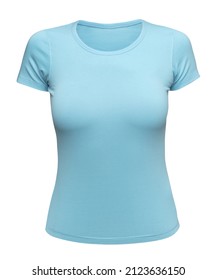 Blue T-shirt Mockup Women Isolated On White. Female Tee Shirt Blank As Design Template. Front View