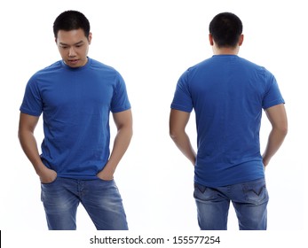Blue t-shirt on a young man isolated front and back-Studio Shot