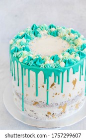 Blue Turquoise Green Drip Cake Chocolate White Semi Naked Gold Leaf Baby Shower Boy