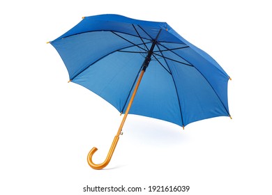 Blue umbrella cane in open position isolated on white. Close up. Full depth of field.