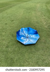 Blue Umbrella At Green Open Grass Field