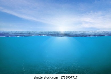BLUE UNDER WATER waves   bubbles  Beautiful white clouds blue sky over calm sea and sunlight reflection  Tranquil sea harmony calm water surface  Sunny sky   calm blue ocean  