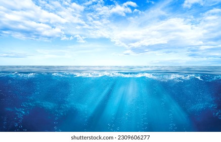 BLUE UNDER WATER waves and bubbles. Deep sea - Shutterstock ID 2309606277