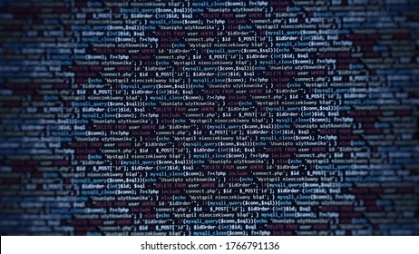 Blue unique background. Programming language on laptop computer screen. Program code PHP HTML JavaScript of site. Computer code on laptop (web developing). Template of website, selective focus. - Powered by Shutterstock