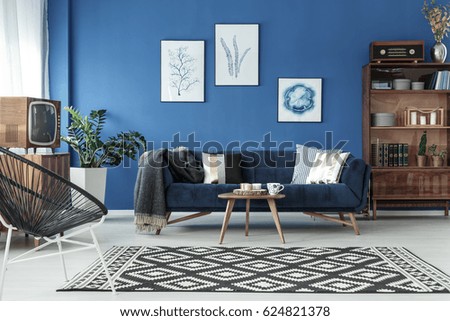 Blue up-to-date decor of lounge with blue sofa and patterned carpet