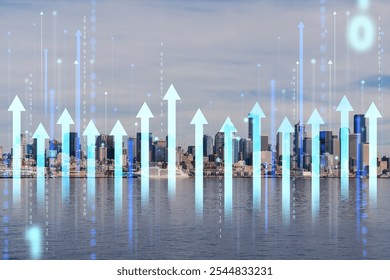 Blue upward arrows with binary code overlaying Seattle's skyline by the water, symbolizing economic growth and technological advancement