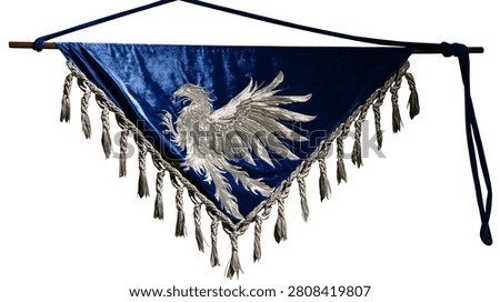 Blue velvet triangular banner with silver embroidered phoenix and hanging tassels
