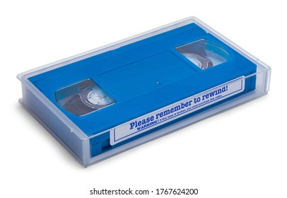 Blue VHS Rental Tape In Clear Case Isolated On White.