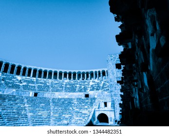 Blue view of Aspendos roman theatre in Turkey
