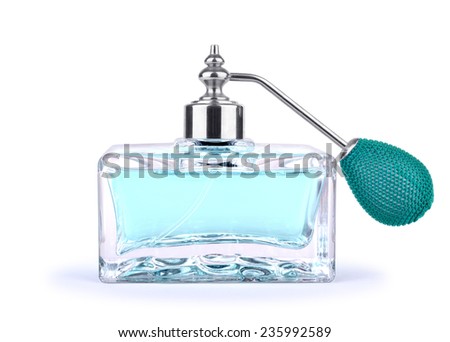 Blue vintage perfume bottle with atomizer isolated on white background.