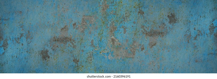 Blue vintage texture. Old rough rusty painted wall surface. Grunge background with space for design. Web banner. Wide. Panoramic. 库存照片