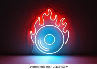 Blue vinyl record sign with orange fire. Neon concept. Modern style. Neon sign. Party background.  - Powered by Shutterstock