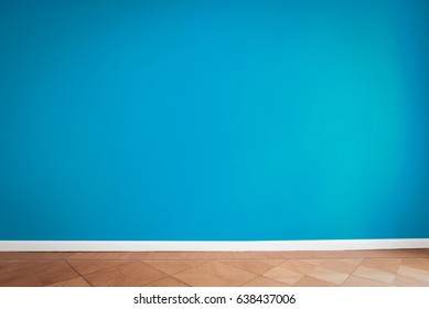 Blue Wall Background In Empty Room , Parquet Floor