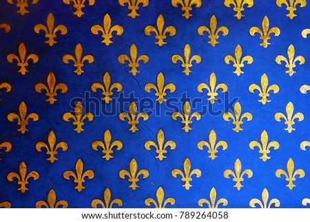 Blue wall with golden fleur de Lis, background