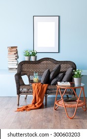 Blue Wall Interior Concept And Wicker Furniture