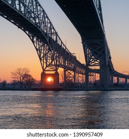 The Blue Water Bridge At Sunrise In Port Huron, MI.