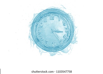 Blue water clocks. Splash and drops liquid in a shape of device for measuring time, indicating hours, minutes. Art and design concept photo. Isolated
