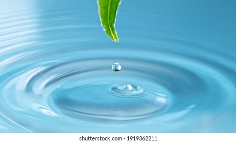 Blue Water Drop With Green Leaf, Macro Shot