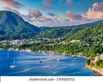 Blue Water and Green Hills of Dominica in the Caribbean