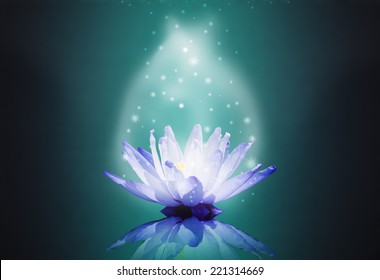 Blue Water Lotus On Magic Light In Dark Background And Spark Glow