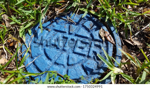 Blue Water Meter\
Manhole Cover in Grass