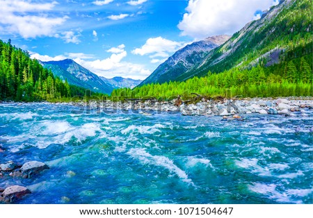 Blue water of mountain river stream