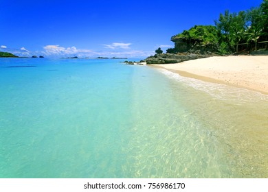 Blue Water And Sky, Yellow And White Beach Of Emerald Sea, Madagascar, Indian Ocean 