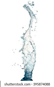 Blue Water Splash On Bottle On White Background